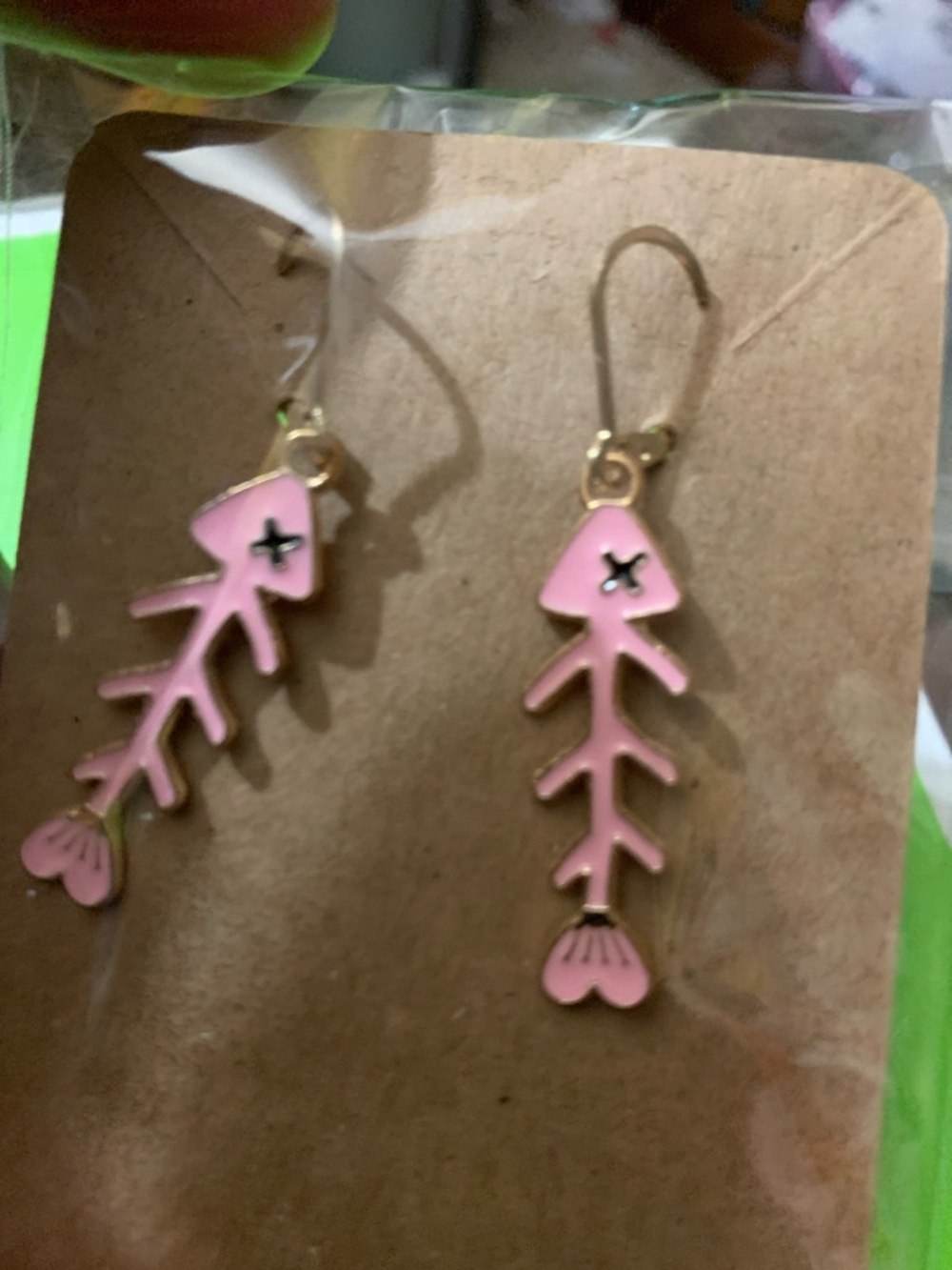 Pink Fishbone Dangle Earrings with Gold-Tone Hooks